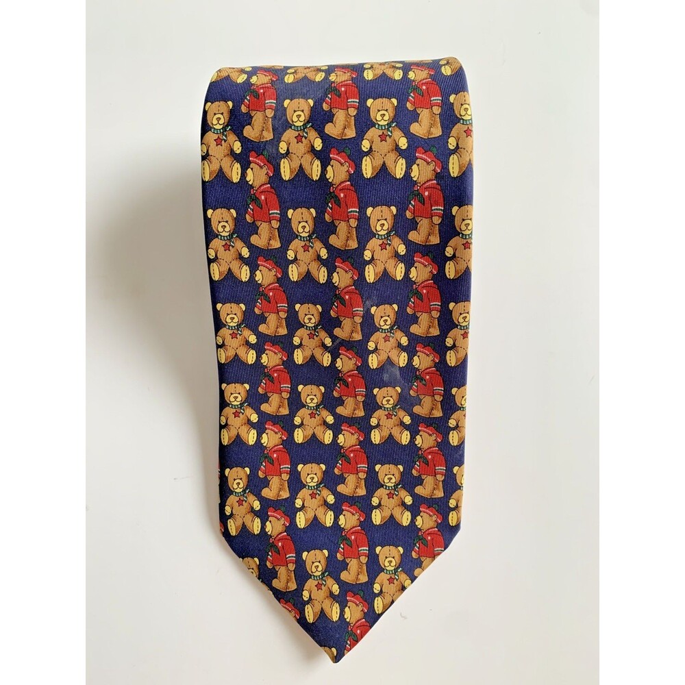 John Comfort Navy Teddy Bear Novelty Print 100% Silk Necktie Made in England
